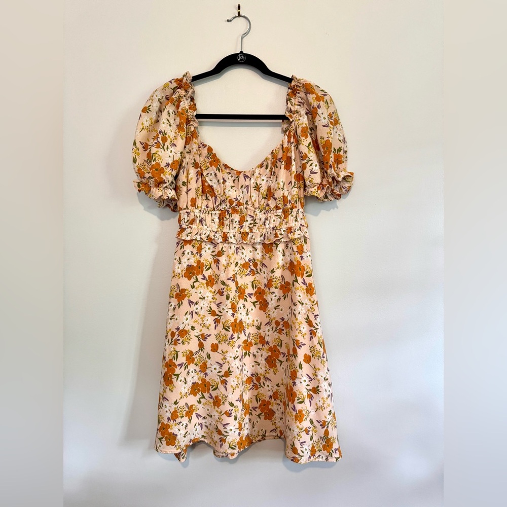 Astr The Label Floral Puff Sleeve Wildflower Mini Dress - Orange and Cream